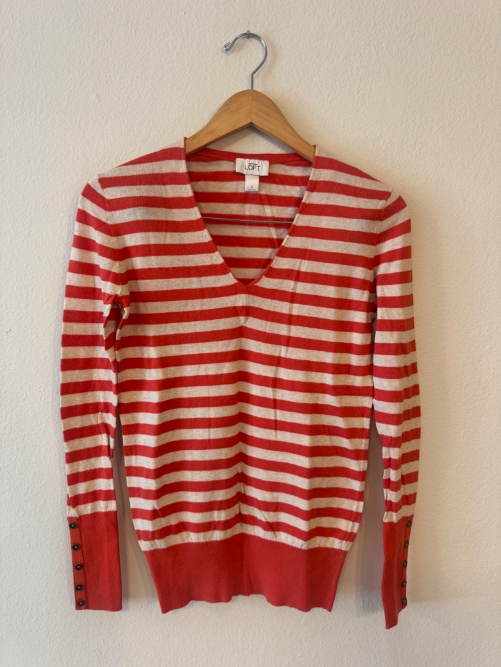LOFT Orange White Striped V-Neck Button Cuff Sweater Women's S